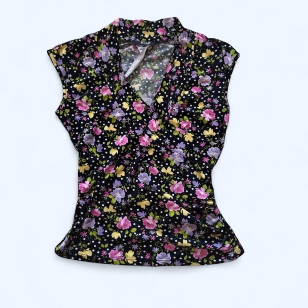 Rare Vintage 90s Morgan de toi black white yellow pink floral short sleeve top